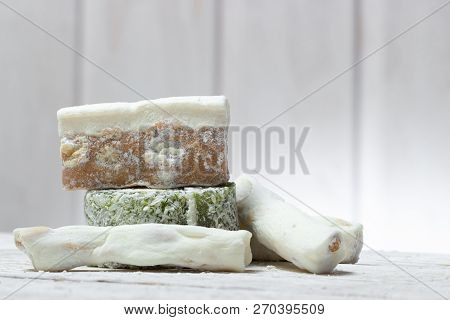 Rose Turkish Delight Rahat Lucum, Candy On A White Wooden Background