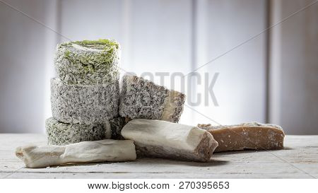 Rose Turkish Delight Rahat Lucum, Candy On A White Wooden Background