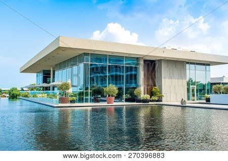 Ajman, United Arab Emirates - 30 October 2018: Landscape With Modern Design Buildings, Lagoon Pool A