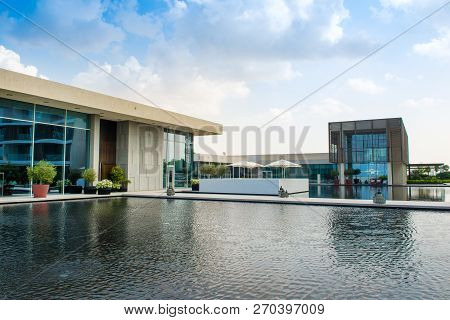Ajman, United Arab Emirates - 30 October 2018: Landscape With Modern Design Buildings, Lagoon Pool A
