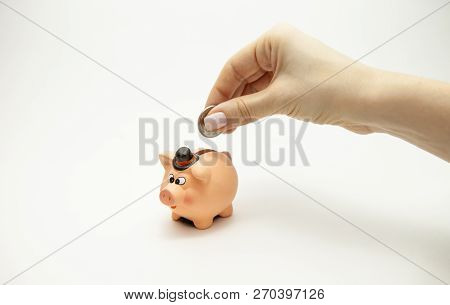 Woman Hand Putting Coin Into Piggy Bank. Saving Money Wealth And Financial Concept