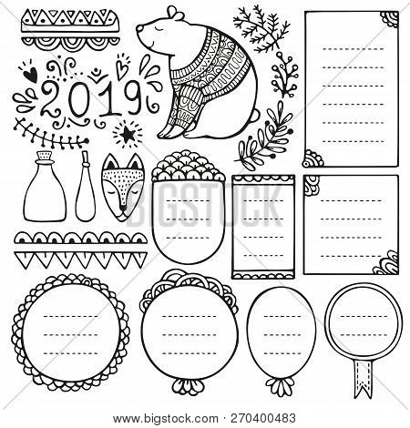 Bullet Journal Hand Drawn Vector Elements For Notebook, Diary And Planner. Doodle Frames Isolated On