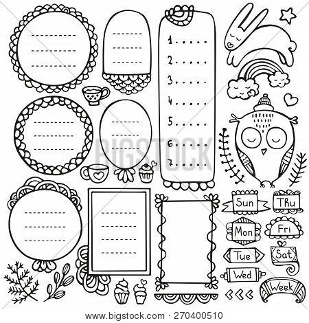 Bullet Journal Hand Drawn Vector Elements For Notebook, Diary And Planner. Doodle Frames Isolated On