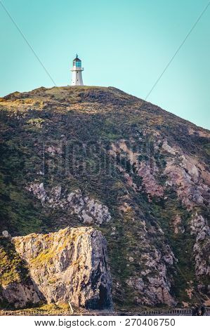 Upper Lighthouse At Pencarrow Head, New Zealand, With Copy Space