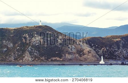 Lighthouses At Pencarrow Head In The Wellington Region Of New Zealand.