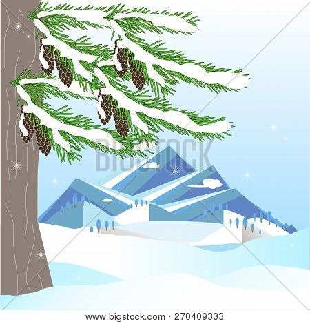Romantic Winter Background With Green Fir Tree, Brown Cone, Mountain, In White Snow On Blue Sky Hand