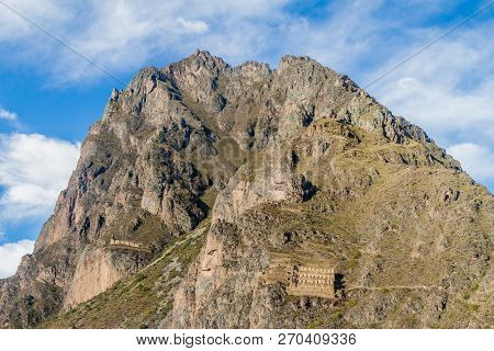 Ruins Of Pinkulluna Inca Storehouses Above Village Ollantaytambo, Sacred Valley Of Incas, Peru