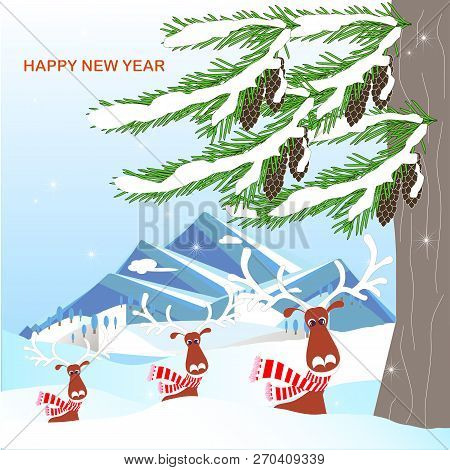 Romantic Winter Background With Green Fir Tree, Brown Cone, Mountain, Deer, In White Snow On Blue Sk