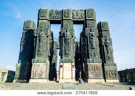 Tbilisi, Georgia - October 2018: History Of Georgia Monument By Tsereteli, Kartlis Tskhovreba.