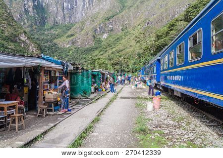 Hidroelectrica, Peru - May 17, 2015: Peru Rail Train Stops At The Station Hidroelectrica In Urubamba