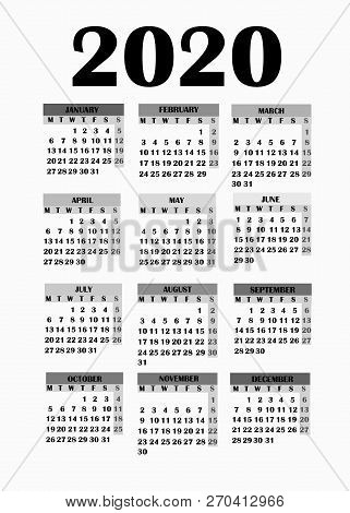 Year 2020 Calendar. Simple Design For Calendar 2019. Calendar On White Background For Organization A