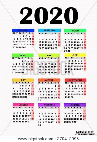 Year 2020 Calendar. Simple Design For Calendar 2019. Calendar On White Background For Organization A