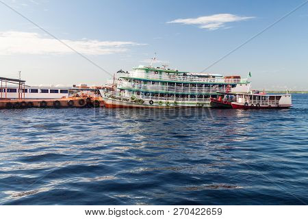 Manaus, Brazil - July 27, 2015: River Boats Anchored At The Passenger Pier In Manaus, Brazil