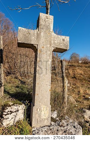 Stone Cross (christian Symbol) With Inri Inscription In The Countryside Of The Lessinia Plateau, Ita