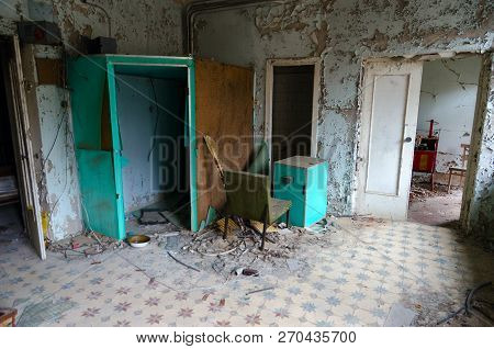 Ruin In Room Of Hospital No. 126, Dead Ghost Town Of Pripyat In Exclusion Zone Of Chernobyl Nuclear 