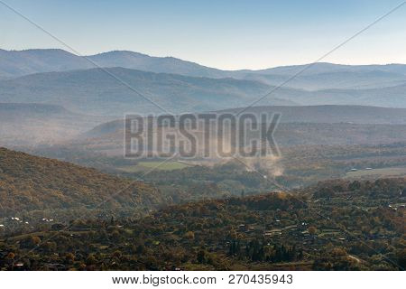 Scenic Landscape With Trees In Mountain Forest In Autumn.