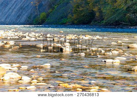 Scenic Landscape With Beautiful Mountain River. Autumn In Mountain Forest. Sunny Day.