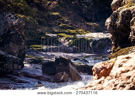 Scenic Landscape With Beautiful Mountain River. Autumn In Mountain Forest. Sunny Day.
