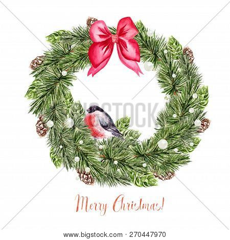 Watercolor Christmas Wreath With Toys, Bow, Berries And Pine. Illustration For Greeting Cards And In