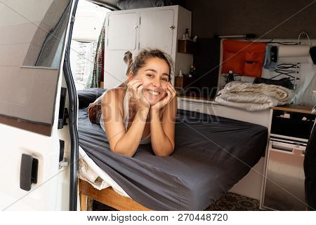 Hippie Attractive Young Woman In Her Camper Van Excited Traveling Around Europe
