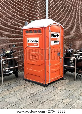 Almere, The Netherlands - November 23, 2018: Boels Rental Bio-toilet On A Public Road In The City Of