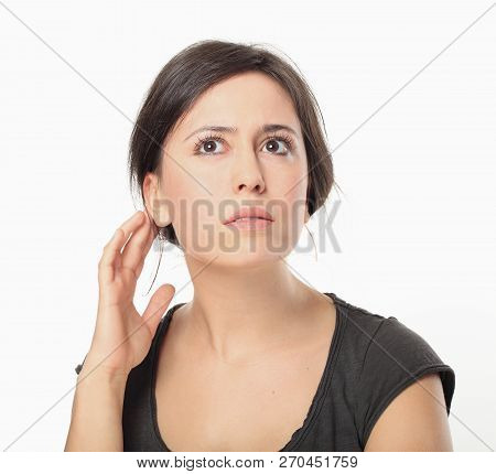 Nice Brunette Woman Landing An Ear, Isolated