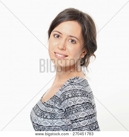 Side Portrait Of Pretty Brunette Woman, Isolated