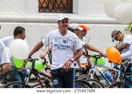 Popayan, Colombia - September 11, 2015: Members Of Juntos Pedaleando Por La Paz Together Cycling For
