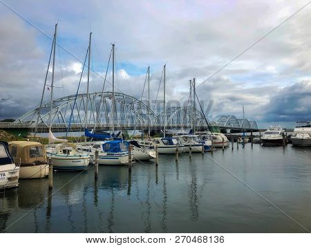 Vilsund, Denmark - August 15,2018: Vilsund Bridge Is A Bascule Arch Bridge That Crosses Vilsund Betw