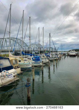 Vilsund, Denmark - August 15,2018: Vilsund Bridge Is A Bascule Arch Bridge That Crosses Vilsund Betw