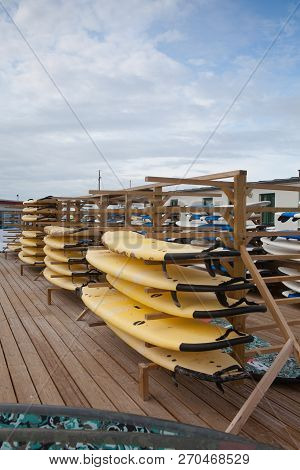 Klitmoller, Denmark-august 15,2018: The Surfboard Rental On The Beach. Cold Hawaii Klitmoller Is Fam