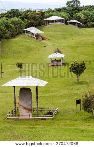 Protective Roofs Over Statues Located At Alto De Los Idolos Site Near San Agustin, Colombia