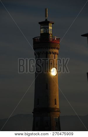 Harbour Entrance Of Lindau,  Lake Constance (german: Bodensee) With The New Lighthouse. The Lindau L
