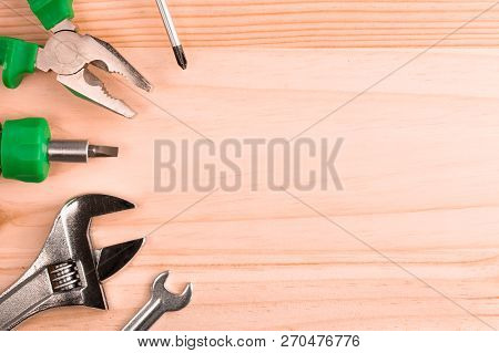 Construction Tools, The Order Of Construction Work For The Money. A Set Of Tools Wood Panel With A S