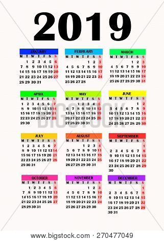 Year 2019 Calendar. Simple Design For Calendar 2019. Calendar On White Background For Organization A