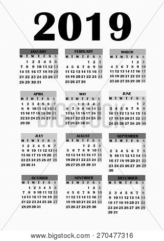 Year 2019 Calendar. Simple Design For Calendar 2019. Calendar On White Background For Organization A