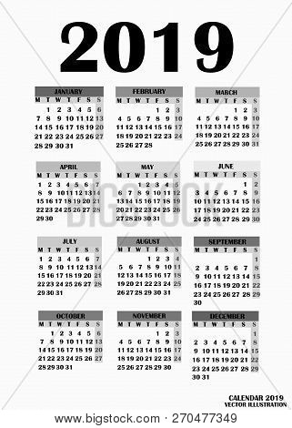 Year 2019 Calendar. Simple Design For Calendar 2019. Calendar On White Background For Organization A