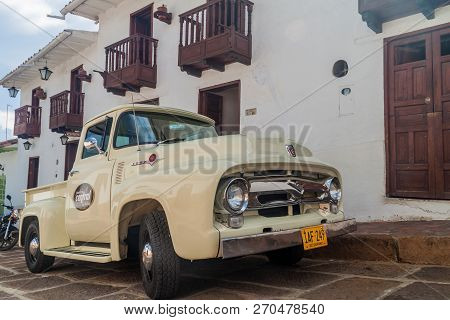Barichara, Colombia - September 17, 2015: Old Ford F 100 Car In Barichara Village, Colombia