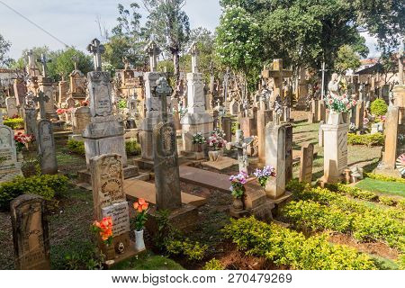Barichara, Colombia - September 17, 2015: Cemetery With Sandstone Tombstones In Barichara Village, C