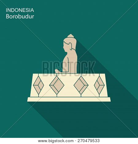 Indonesian Borobudur Ancient Temple. Flat Icon With Long Shadow