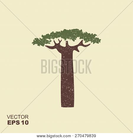 Silhouette Baobab Tree. Flat Icon With Scuffed Effect