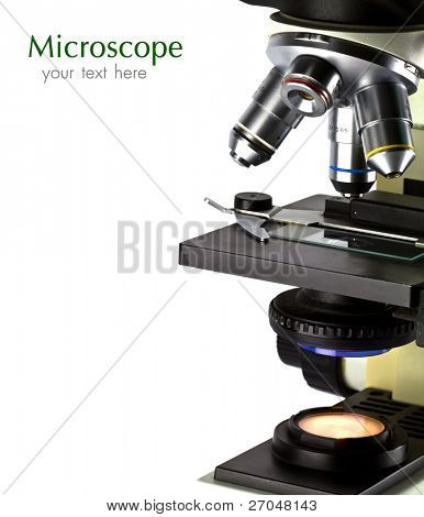 A close-up of a microscope on white background with copy space.