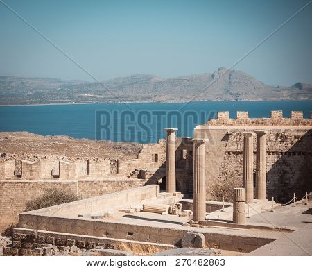 View On Several Pillars Of Lindos Acropolis On Rhodes