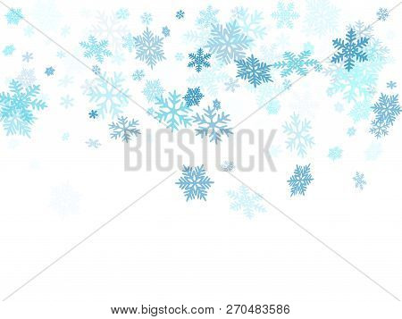 Winter Snowflakes Border Cool Vector Background. Macro Snow Flakes Flying Border Illustration, Card 