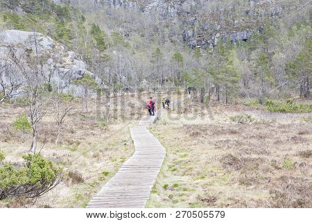 Preikestolhytta , Norway - May 13, 2017: Tourists On Trail To Preikestolen On May 13, 2017 In Preike