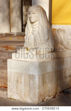Moscow, Russia - October 17, 2018: Statue Of Sphinx In Front Of Entrance To The Pavilion Milovida In