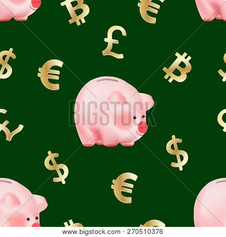 Seamless Pattern With World Currencies Dollar, Euro, Pound Sterling And Cryptocurrency Bitcoin Golde