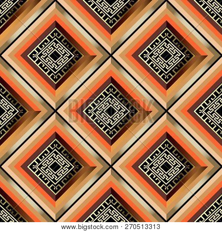Colorful Geometric Striped 3d Greek Vector Seamless Pattern. Orn