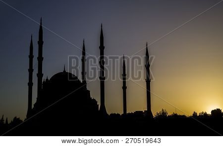 Adana / Turkey, Sabanci Central Mosque Night View. Travel Concept Photo.