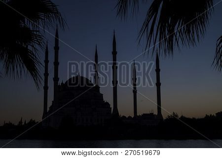 Adana / Turkey, Sabanci Central Mosque Night View. Travel Concept Photo.